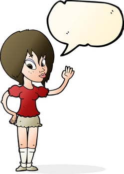 cartoon pretty woman waving with speech bubble vector