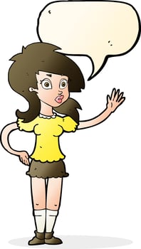 cartoon pretty woman waving for attention with speech bubble vector