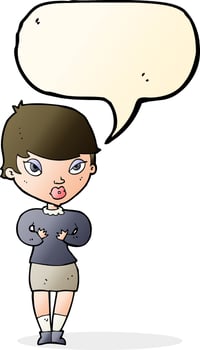 cartoon woman gesturing at self with speech bubble vector