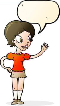 cartoon waving woman with speech bubble vector