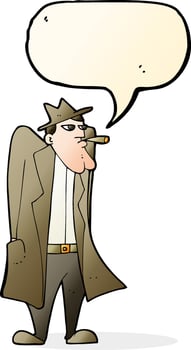 cartoon man in hat and trench coat with speech bubble vector