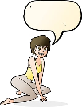 cartoon happy woman sitting on floor with speech bubble vector