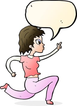 cartoon woman running and pointing with speech bubble vector
