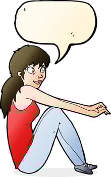 cartoon happy woman sitting with speech bubble vector