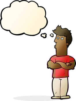 cartoon man with folded arms with thought bubble vector