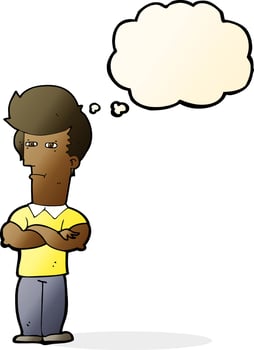 cartoon man with folded arms with thought bubble vector