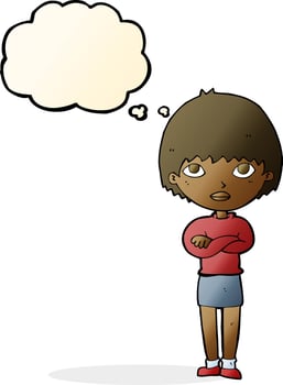 cartoon woman with crossed arms with thought bubble vector