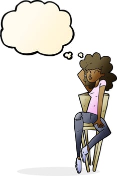 cartoon woman posing on chair with thought bubble vector