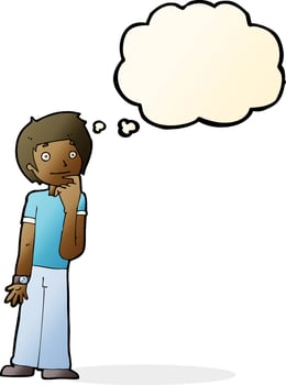 cartoon boy wondering with thought bubble vector