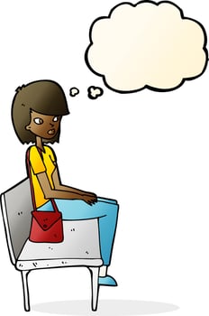 cartoon woman sitting on bench with thought bubble vector