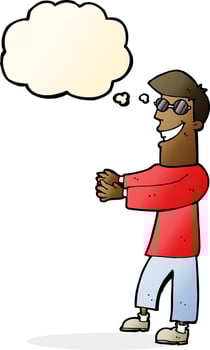 cartoon grinning man wearing glasses with thought bubble vector