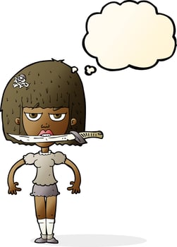 cartoon woman with knife between teeth with thought bubble vector