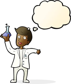 cartoon happy scientist with thought bubble vector
