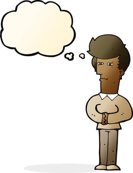 cartoon man narrowing his eyes with thought bubble vector