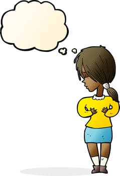 cartoon shy woman with thought bubble vector