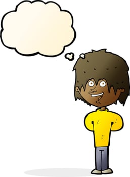 cartoon happy scruffy boy with thought bubble vector