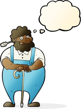 cartoon farmer leaning on walking stick with thought bubble vector