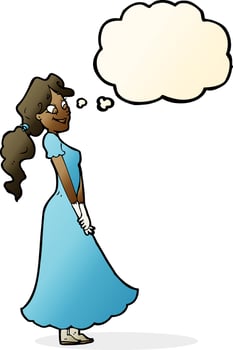 cartoon pretty woman in dress with thought bubble vector