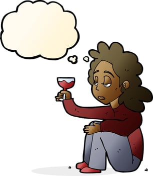cartoon unhappy woman with glass of wine with thought bubble vector