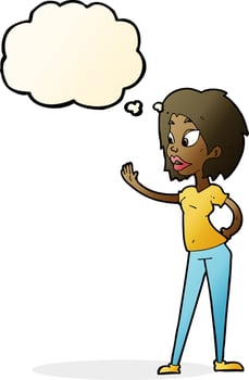 cartoon woman waving with thought bubble vector