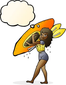 cartoon woman carrying canoe with thought bubble vector
