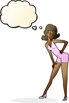cartoon model woman posing with thought bubble vector