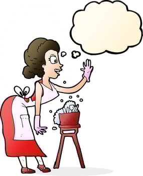 cartoon housewife washing up with thought bubble vector