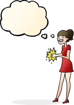 cartoon woman clapping hands with thought bubble vector