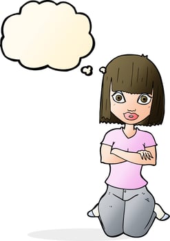 cartoon woman kneeling with thought bubble vector
