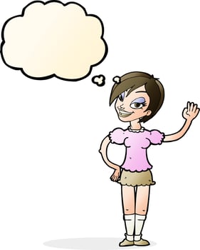 cartoon waving woman with thought bubble vector