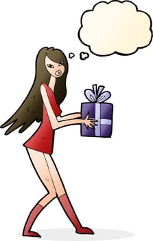 cartoon fashion girl with present with thought bubble vector