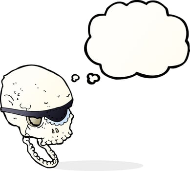 cartoon spooky skull with eye patch with thought bubble vector