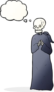 cartoon skeleton in black robe with thought bubble vector
