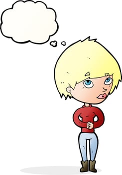 cartoon woman considering with thought bubble vector
