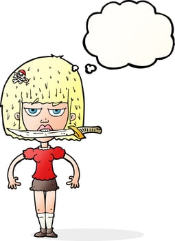 cartoon woman with knife between teeth with thought bubble vector