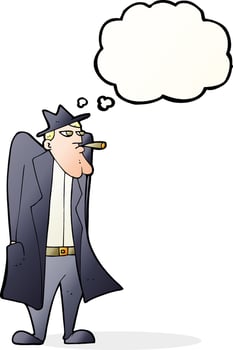 cartoon man in hat and trench coat with thought bubble vector