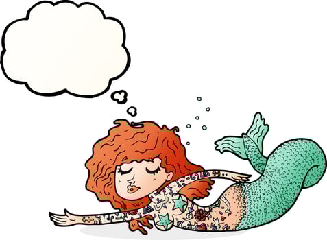 cartoon mermaid with tattoos with thought bubble vector