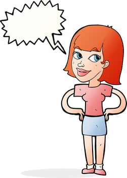 cartoon happy woman with hands on hips with speech bubble vector