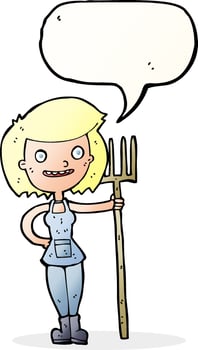 cartoon happy farmer girl with speech bubble vector