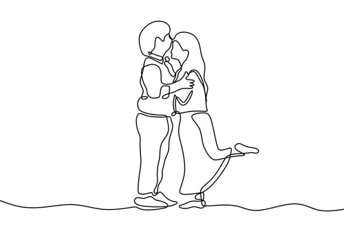 Continuous one line drawing of kids kissing. Children couple concept of love and act of kindness to each other. vector