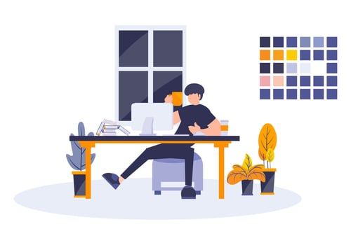 Person working with computer and literature. Vector flat illustration of young man drinking coffee