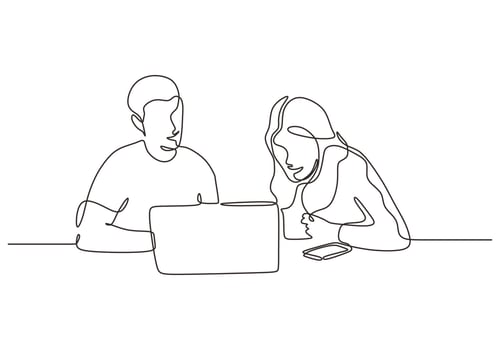 Continuous one line drawing of business concept. Man and woman sitting with laptop. Creative work of discussion, client meeting, creative thinking. vector
