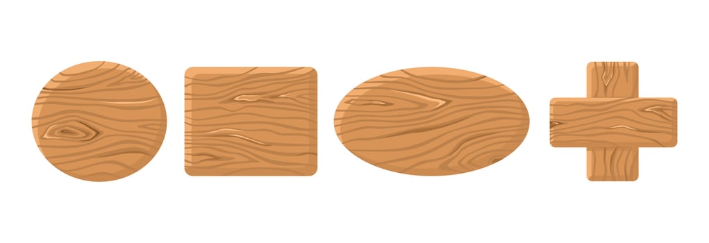 Wooden buttons different shapes set on white isolated background. Cartoon vector gui elements. Wood tablet frame.