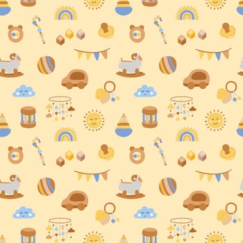 Cute newborn seamless pattern for baby shower and gender party in hand drawn style. Childbirth design for poster, invitation, scrapbook. vector