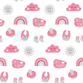 Cute pink newborn girl seamless pattern for baby shower and gender party in hand drawn style. Childbirth design for poster, invitation, scrapbook. vector