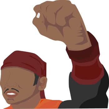 the male laborer raised his hand into a fist. faceless male laborer raised his hand. vector