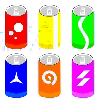 six cans of soda. soda cans consisting of red, yellow, green, blue, and purple. vector