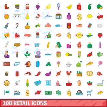 100 retail icons set, cartoon style vector