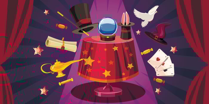 Magician table banner horizontal, cartoon style vector