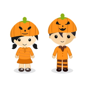 Cute cartoon couple standing wear a pumpkin hat on halloween night, character boy girl, vector illustration